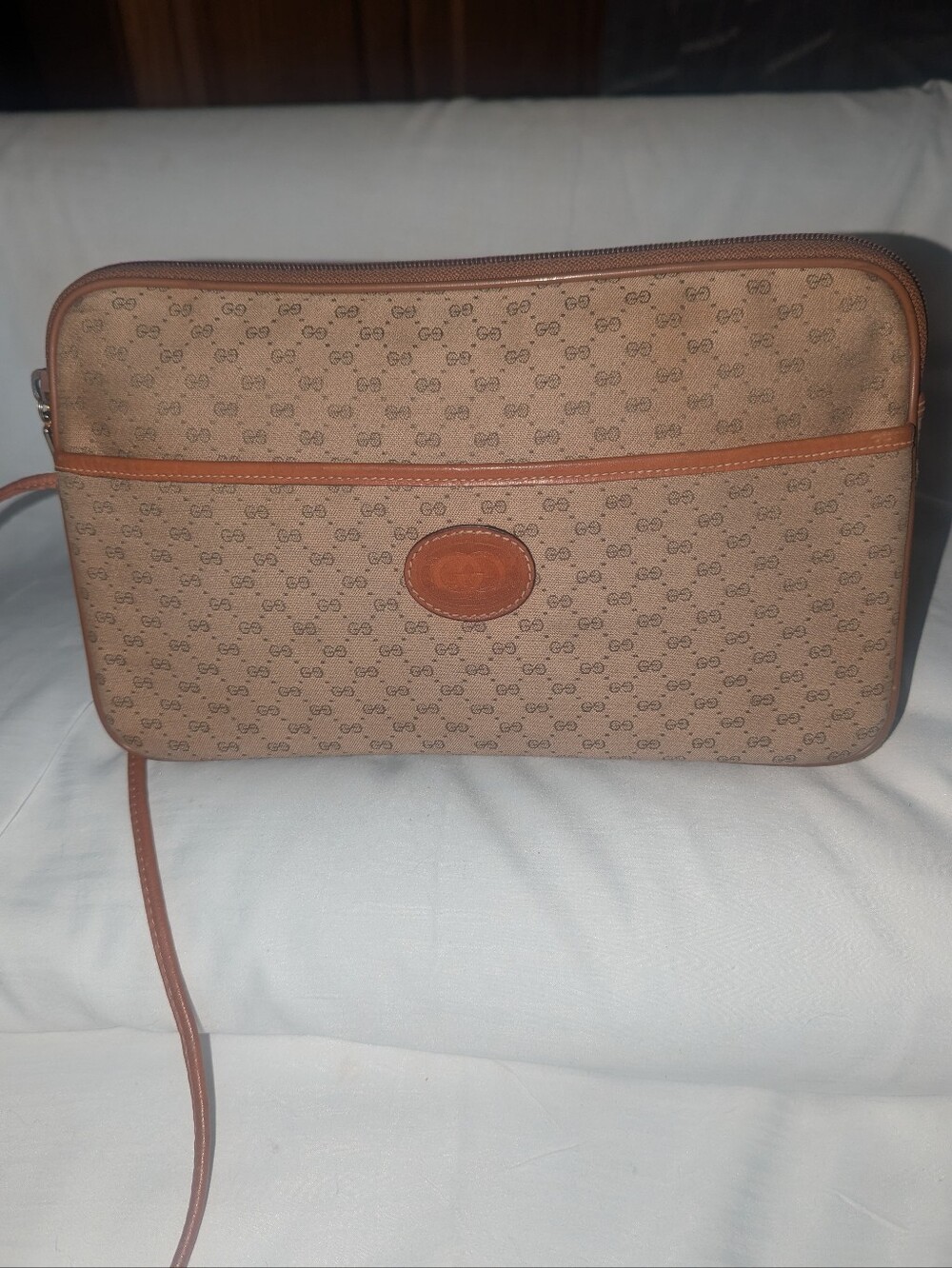 Vintage Gucci Micro GG Camera Bag Canvas with Brown Trim